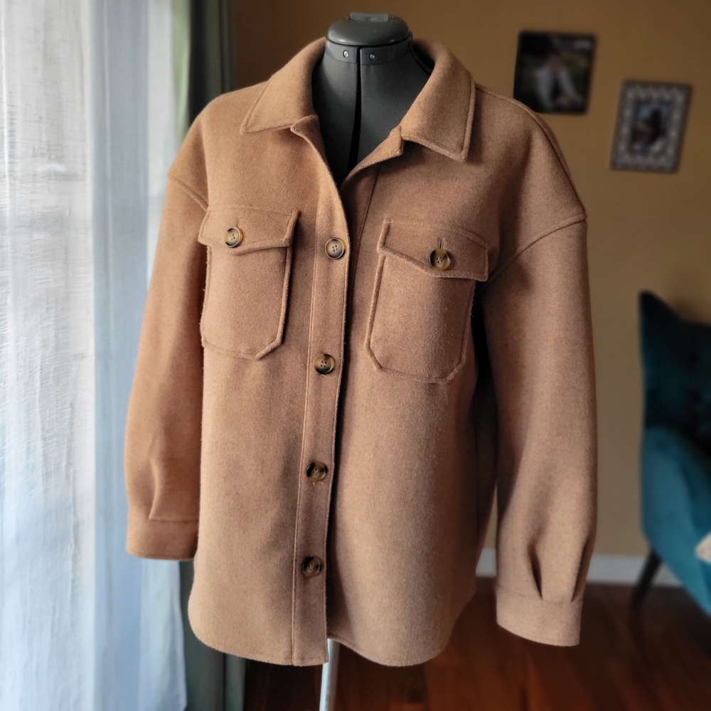 Avec Les Filles Tan Utility Button Up Flannel Shacket Jacket Women's Large